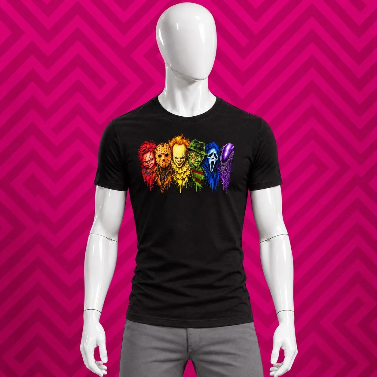 Rainbow Horror tee in Black on a mannequin